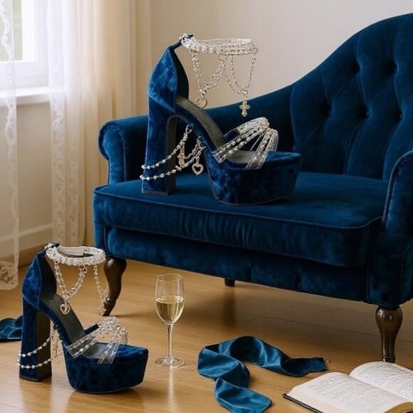 Holy Revelation ✦ Platform Heels ✦ Sapphire Velvet w/ Pearls & Cross Chains NWT - Picture 3 of 4